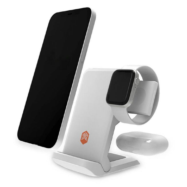 STM ChargeTree Go Portable 3-in-1 Wireless Charging Station - White, for iPhone/Samsung/Android (15W/7.5W), AirPods (5W), Apple Watch (3W) - Qi Certified Charging Stand