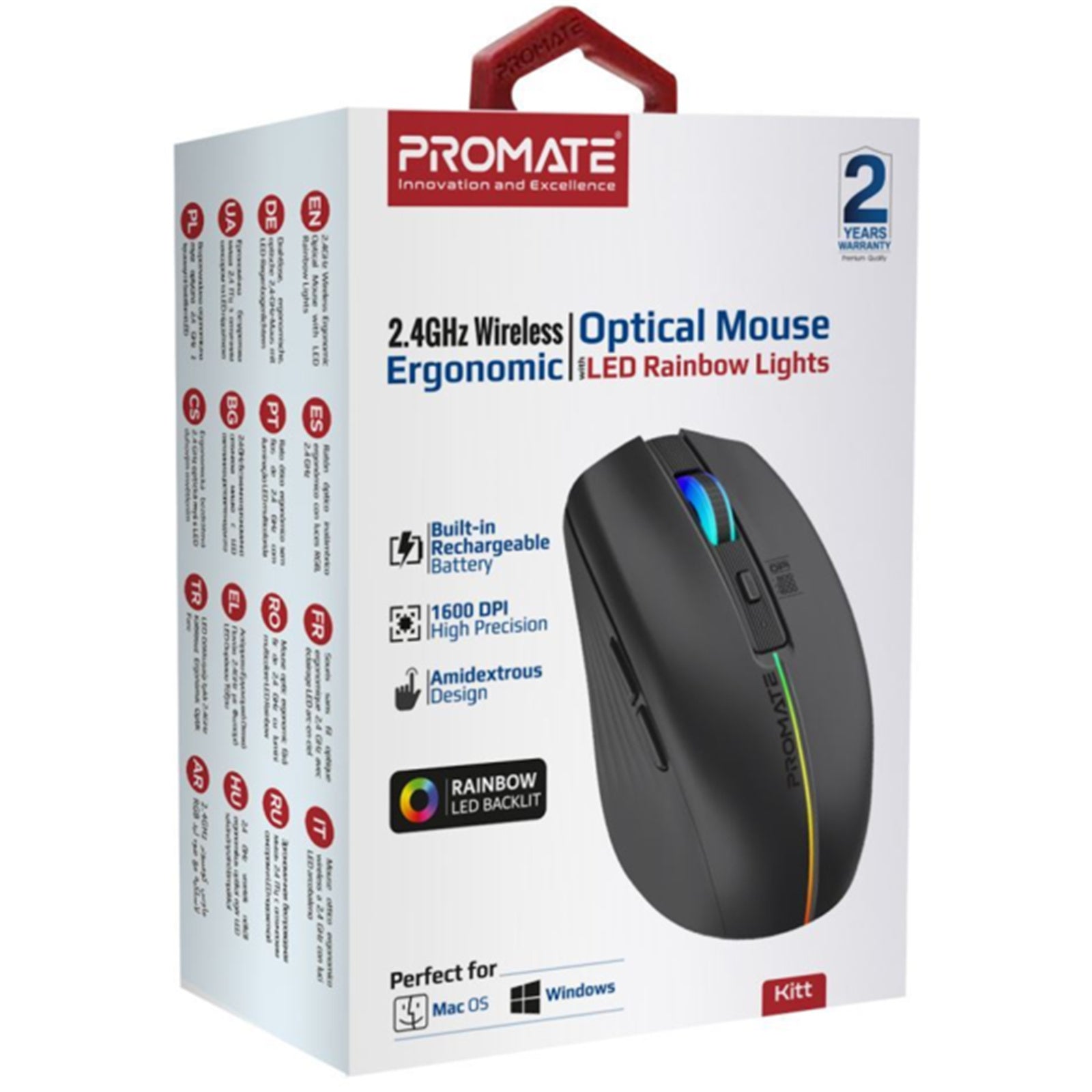 Promate KITT.BLK Ergonomic Wireless Optical Mouse with LED Rainbow Lights & 500mAh -