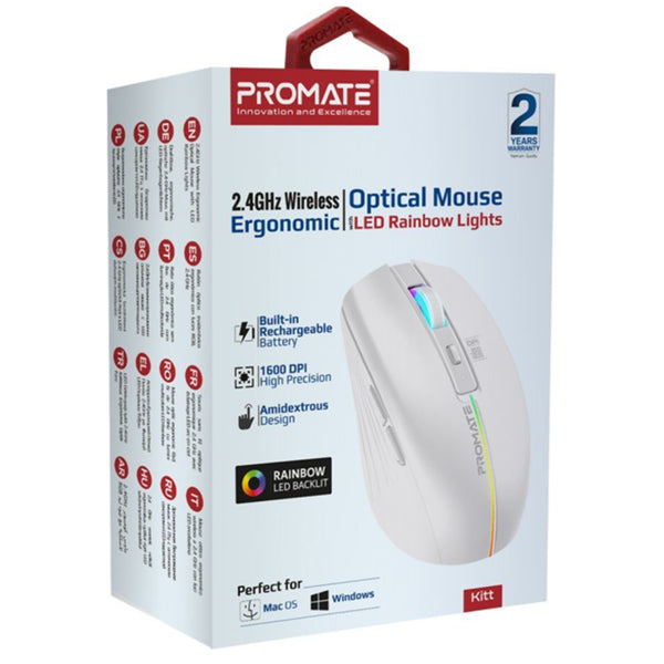 Promate KITT.WHT Ergonomic Wireless Optical Mouse with LED Rainbow Lights & 500mAh