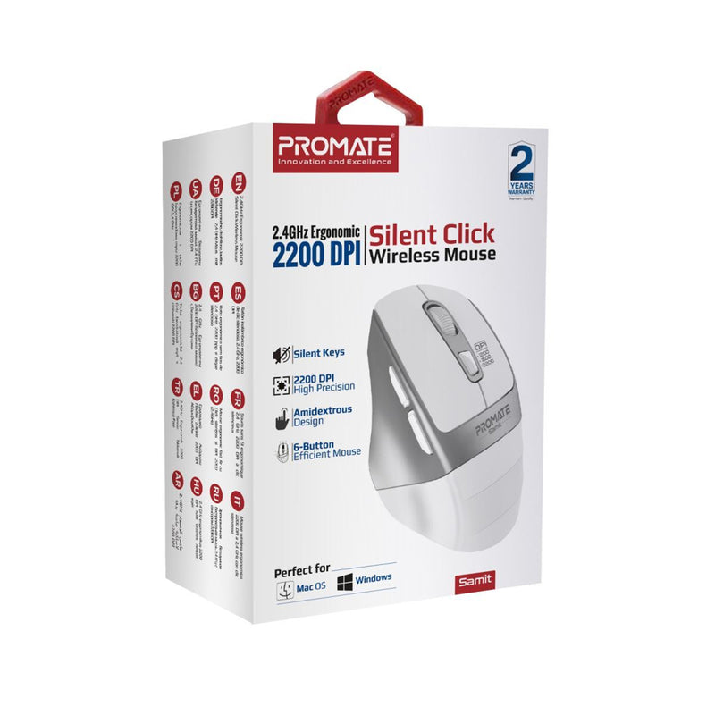 Promate SAMIT.WHT Ergonomic Silent Click Wireless Mouse - White