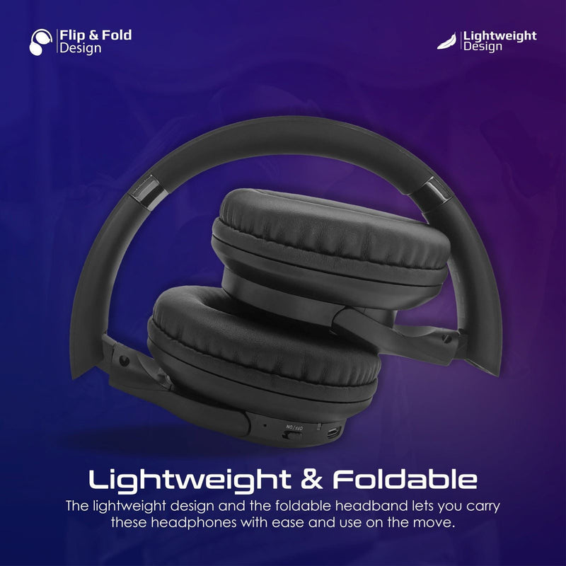 Promate High-Fidelity Stereo Deep Base Bluetooth Wireless Headphones. Up to 24HoursPlayingTime,Built-in 300mAh Battery, Flip & Fold Design, 10-15m Operating Distance, Wired or Wireless. Black
