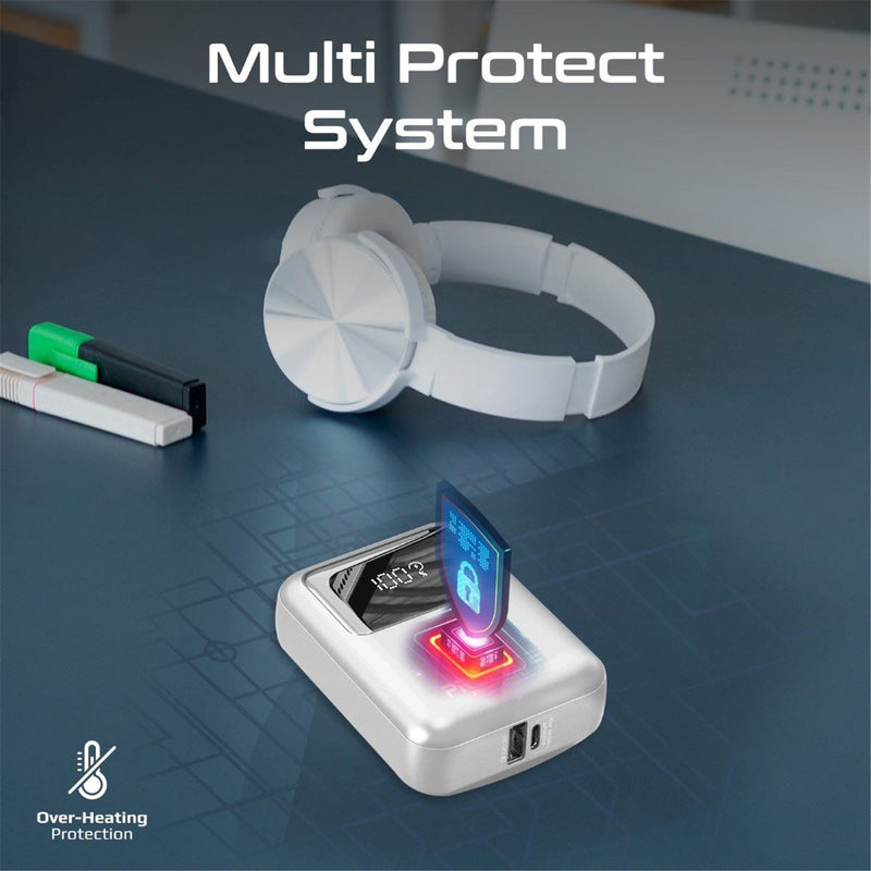 Promate 10000mAh Ultra Compact 35W SuperSpeed Power Bank with Built-in USB-C & Lightning Cables - 35WPD, USB-C In/Out - LED Battery Display - Automatic Voltage Regulation - White Colour