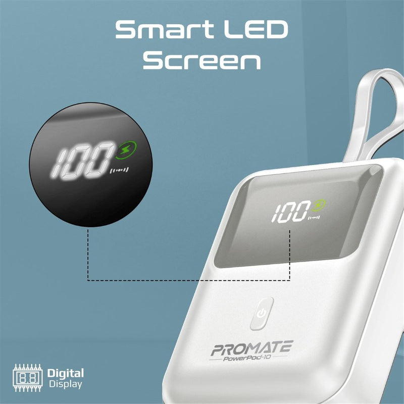 Promate 10000mAh Ultra Compact 35W SuperSpeed Power Bank with Built-in USB-C & Lightning Cables - 35WPD, USB-C In/Out - LED Battery Display - Automatic Voltage Regulation - White Colour