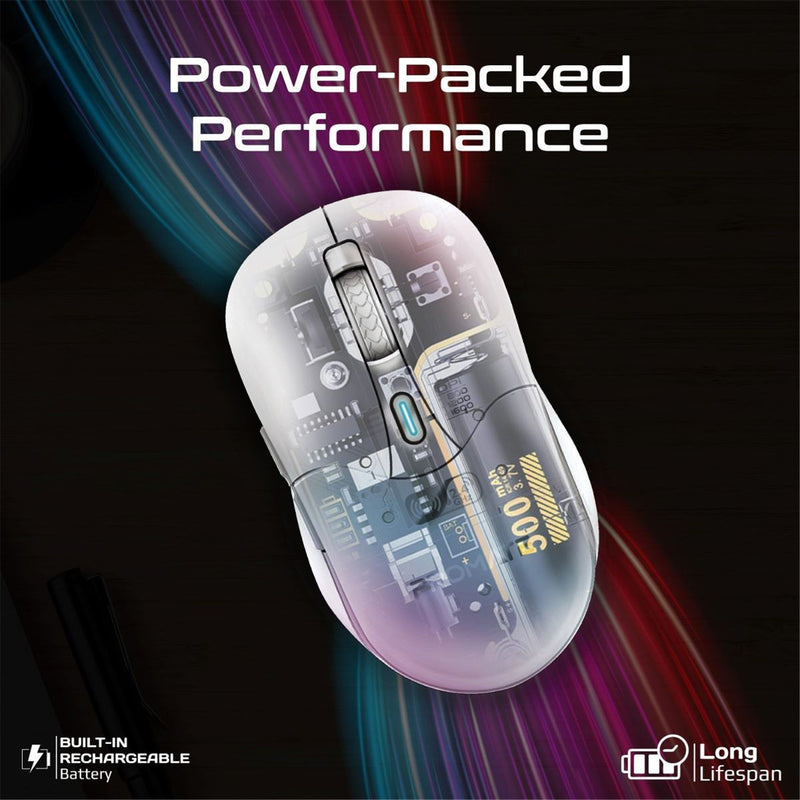 Promate Rechargeable Wireless Mouse with BT & RF Connectivity. 800/1200/1600Dpi. Built-in500mAhBattery. Range Up to 10m. 50cm Charging Cable. USB-C Port. 6x Fully Fuctional Buttons. White