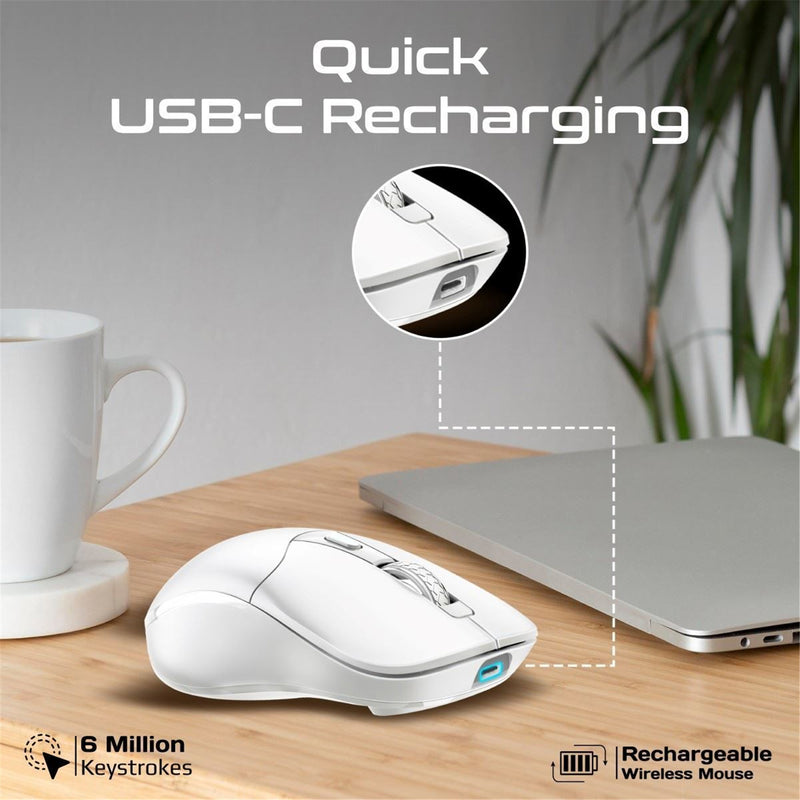 Promate Rechargeable Wireless Mouse with BT & RF Connectivity. 800/1200/1600Dpi. Built-in500mAhBattery. Range Up to 10m. 50cm Charging Cable. USB-C Port. 6x Fully Fuctional Buttons. White