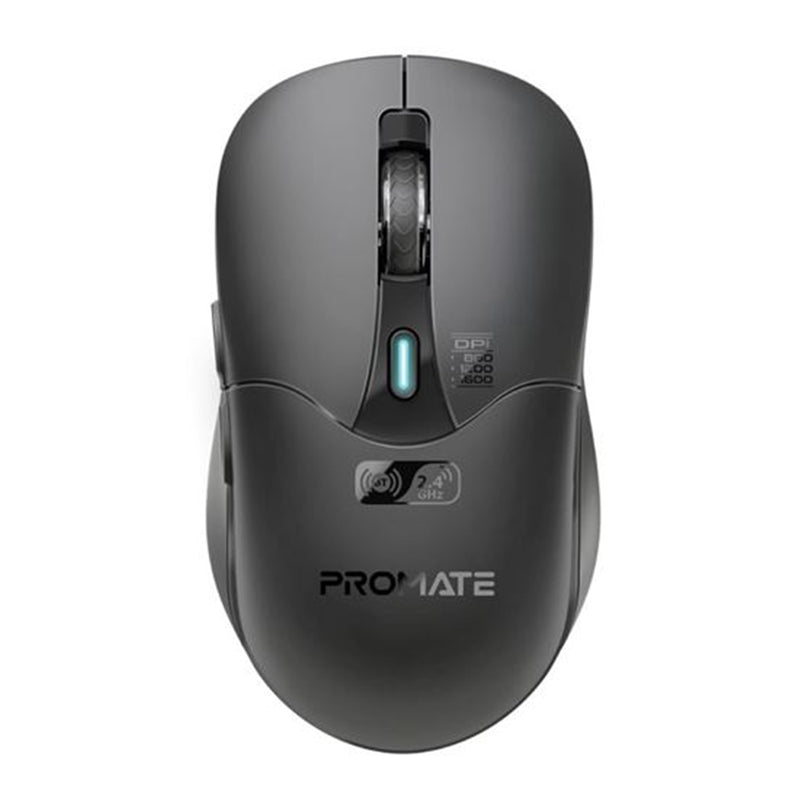 Promate SAMO.BLK Rechargeable Wireless Mouse with BT & RF Connectivity. 800/1200/1600Dpi.Built-in500mAh Battery. Range Up to 10m. 50cm Charging Cable. USB-C Port. 6x Fully Fuctional Buttons. Black