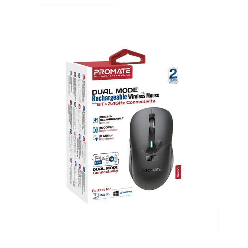 Promate SAMO.BLK Rechargeable Wireless Mouse with BT & RF Connectivity. 800/1200/1600Dpi.Built-in500mAh Battery. Range Up to 10m. 50cm Charging Cable. USB-C Port. 6x Fully Fuctional Buttons. Black