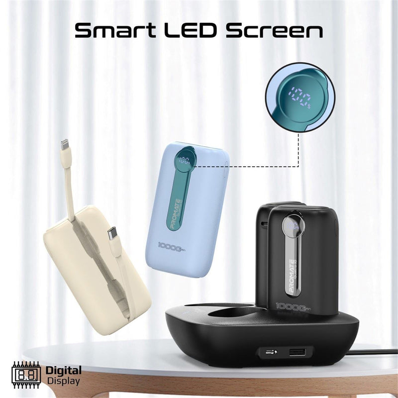 Promate QUATRO-10 4-Piece 10000mAh Power Bank Charging Kit with Built-in USB-C & LightningCables. Supports 30W PD. Smart LED Screen. Includes 4x Mini Power Banks. Includes 1x Charging Dock.