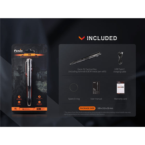 Fenix Tactical & EDC Flashlight T6 Rechargeable LED Pen Black, Penlight / Torch, Max 80 Lumens, Powered by Build-in 100mAH Li-ion Battery & USB-C Charging Port. EDC Designed, Personal Defense, Charging Cable is Included. 2 Years Free Repair
