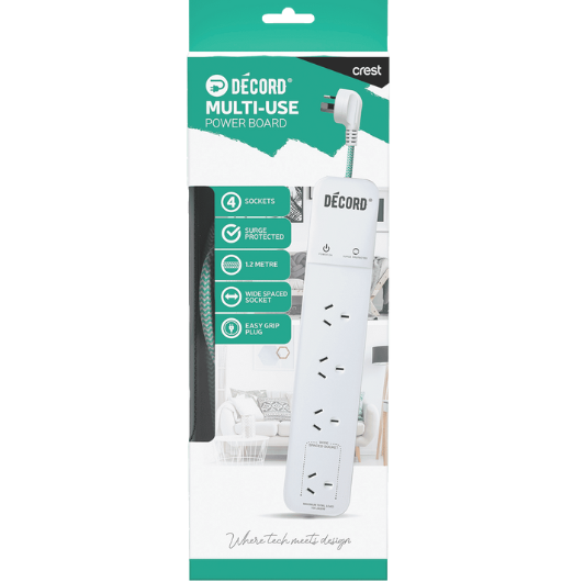 Crest Decord Power Board 4 Socket Surge Protected 1.2m