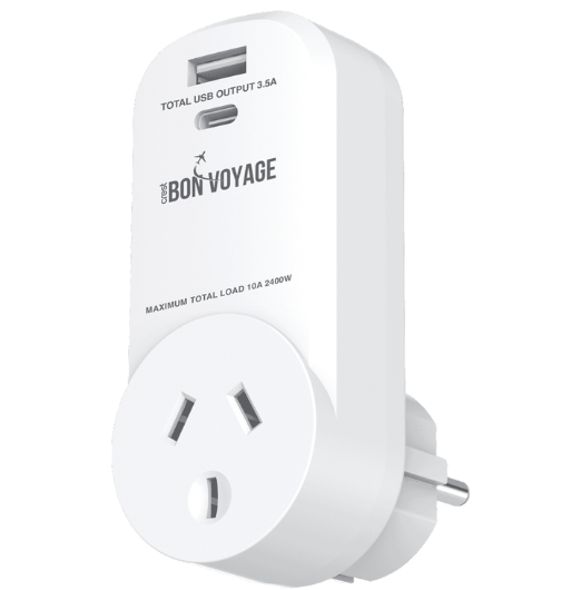 Bon Voyage Travel Adaptor AU to EU (2 USB Ports)