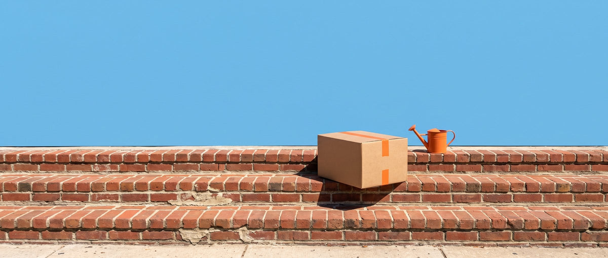A kraft box with an orange tape stripe on a brick stoop by a sky-blue door