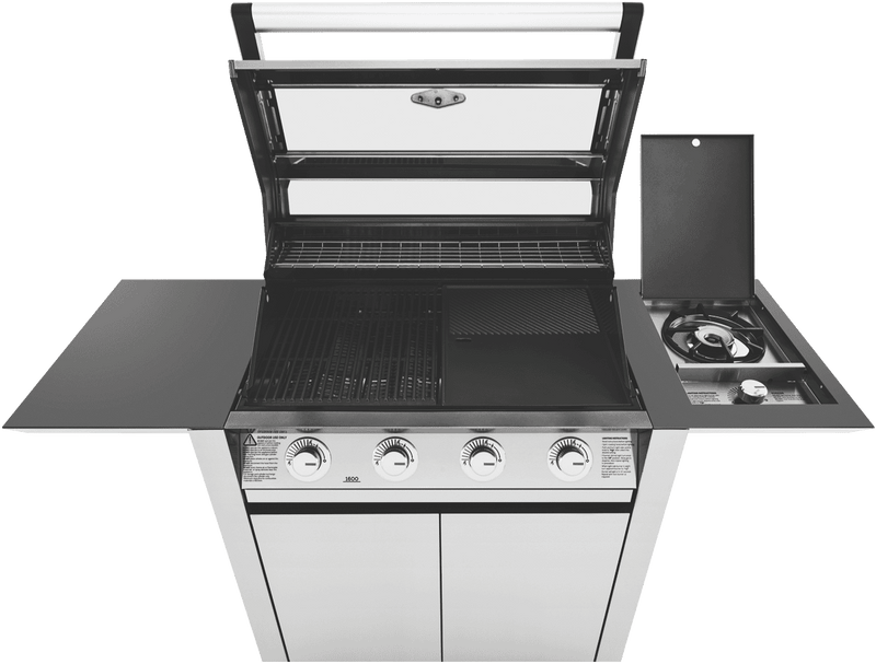 BeefEater 1600 Series Stainless Steel 4 Burner BBQ & Trolley w/ Side Burner, Cast Iron Burners & Grills