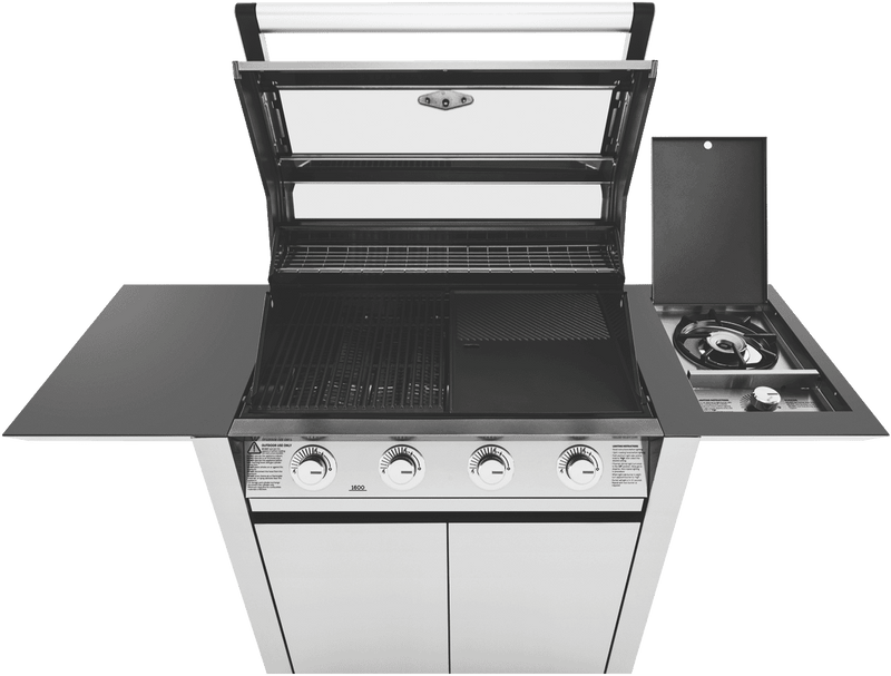 BeefEater 1600 Series Stainless Steel 4 Burner BBQ & Trolley w/ Side Burner, Cast Iron Burners & Grills