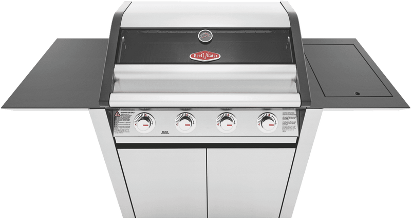 BeefEater 1600 Series Stainless Steel 4 Burner BBQ & Trolley w/ Side Burner, Cast Iron Burners & Grills