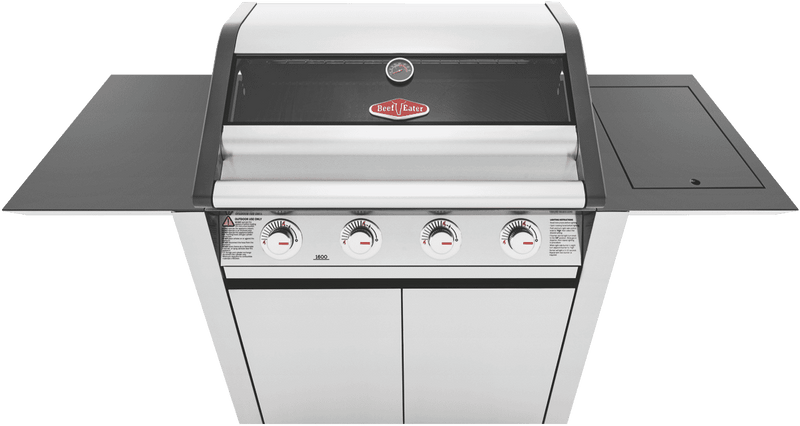 BeefEater 1600 Series Stainless Steel 4 Burner BBQ & Trolley w/ Side Burner, Cast Iron Burners & Grills