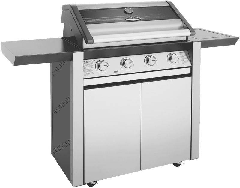 BeefEater 1600 Series Stainless Steel 4 Burner BBQ & Trolley w/ Side Burner, Cast Iron Burners & Grills