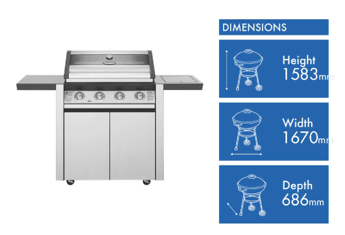BeefEater 1600 Series Stainless Steel 4 Burner BBQ & Trolley w/ Side Burner, Cast Iron Burners & Grills - Layaway AU