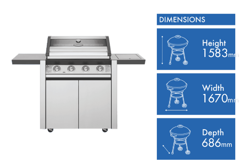 BeefEater 1600 Series Stainless Steel 4 Burner BBQ & Trolley w/ Side Burner, Cast Iron Burners & Grills