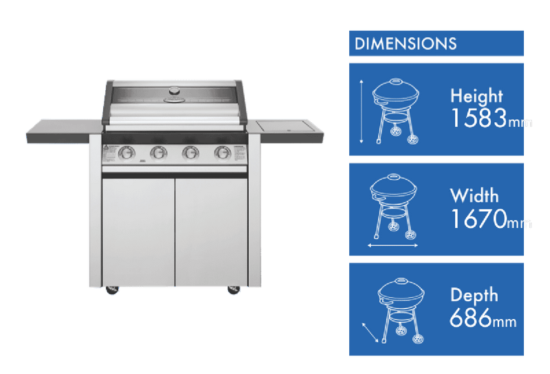 BeefEater 1600 Series Stainless Steel 4 Burner BBQ & Trolley w/ Side Burner, Cast Iron Burners & Grills