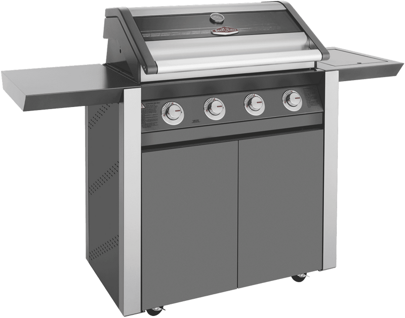 BeefEater 1600 Series Dark 4 Burner BBQ & Trolley w/ Side Burner, Cast Iron Burners & Grills