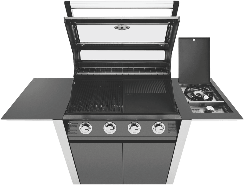 BeefEater 1600 Series Dark 4 Burner BBQ & Trolley w/ Side Burner, Cast Iron Burners & Grills
