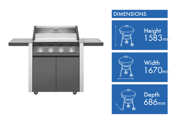 BeefEater 1600 Series Dark 4 Burner BBQ & Trolley w/ Side Burner, Cast Iron Burners & Grills