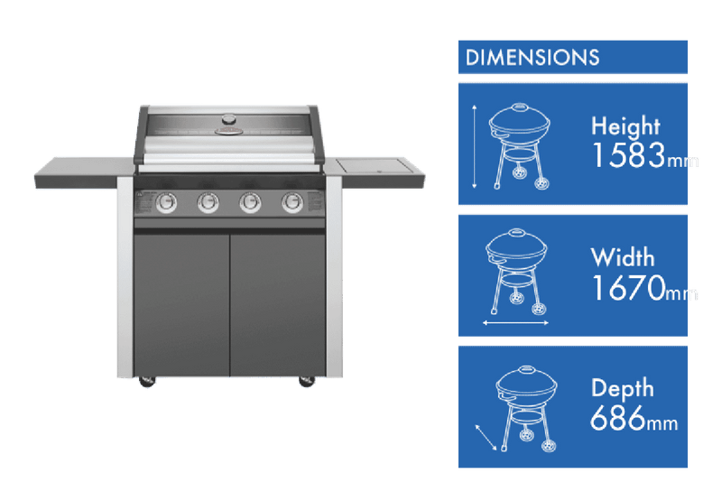 BeefEater 1600 Series Dark 4 Burner BBQ & Trolley w/ Side Burner, Cast Iron Burners & Grills