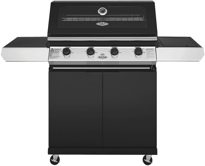 BeefEater 1200 Series Black Enamel 4 Burner BBQ & Trolley w/ Side Burner, Cast Iron Burners & Grills