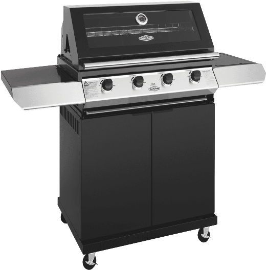 BeefEater 1200 Series Black Enamel 4 Burner BBQ & Trolley w/ Side Burner, Cast Iron Burners & Grills