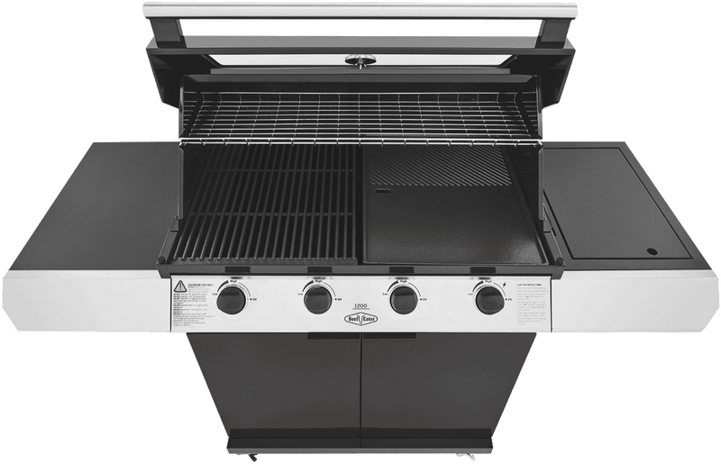 BeefEater 1200 Series Black Enamel 4 Burner BBQ & Trolley w/ Side Burner, Cast Iron Burners & Grills