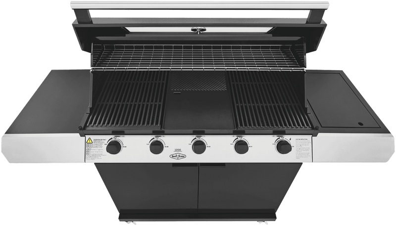 BeefEater 1200 Series Black Enamel 5 Burner BBQ & Trolley w/ Side Burner, Cast Iron Burners & Grills