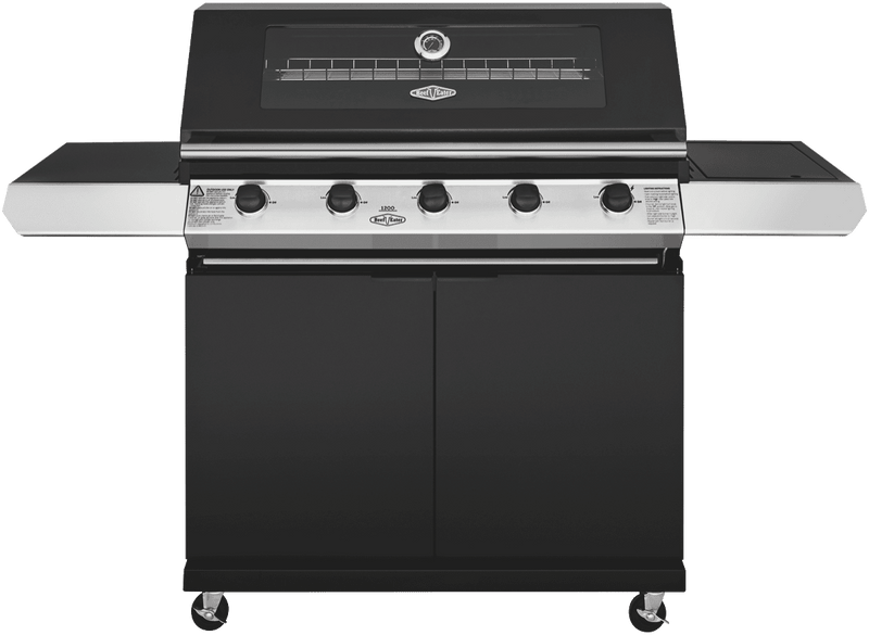 BeefEater 1200 Series Black Enamel 5 Burner BBQ & Trolley w/ Side Burner, Cast Iron Burners & Grills
