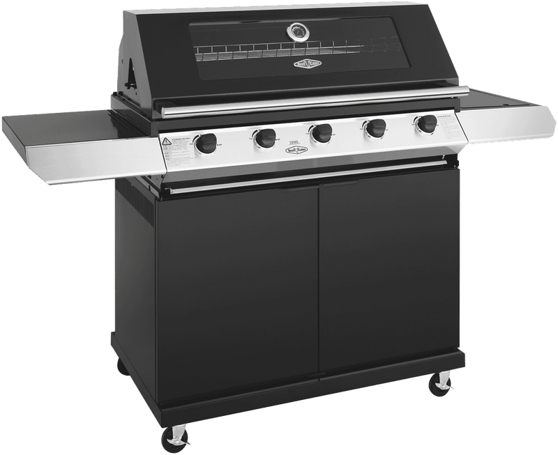BeefEater 1200 Series Black Enamel 5 Burner BBQ & Trolley w/ Side Burner, Cast Iron Burners & Grills