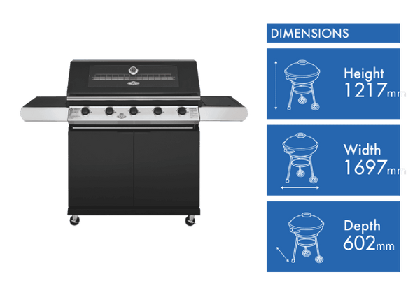 BeefEater 1200 Series Black Enamel 5 Burner BBQ & Trolley w/ Side Burner, Cast Iron Burners & Grills