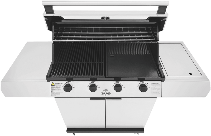 BeefEater 1200 Series Stainless Steel 4 Burner BBQ & Trolley w/ Side Burner, Cast Iron Burners & Grills