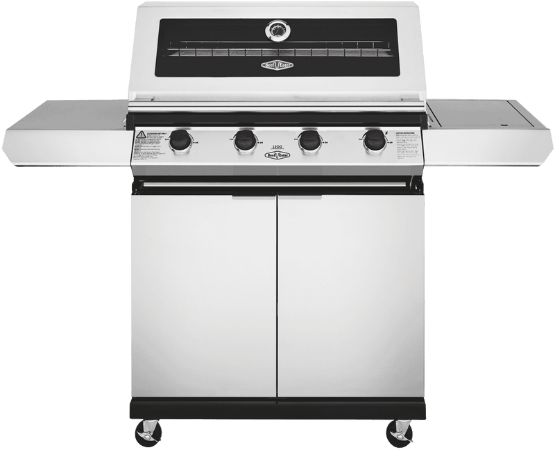 BeefEater 1200 Series Stainless Steel 4 Burner BBQ & Trolley w/ Side Burner, Cast Iron Burners & Grills