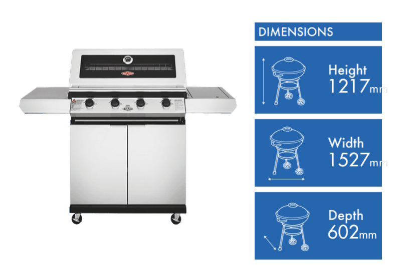 BeefEater 1200 Series Stainless Steel 4 Burner BBQ & Trolley w/ Side Burner, Cast Iron Burners & Grills