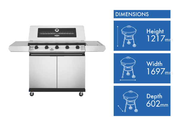 BeefEater 1200 Series Stainless Steel 5 Burner BBQ & Trolley w/ Side Burner, Cast Iron Burners & Grills