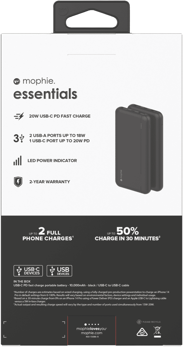 Mophie Essential PowerStation 10K PD 20W-2A1C Black