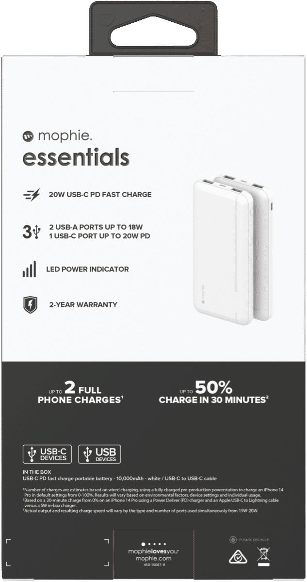 Mophie Essential PowerStation 10K PD 20W-2A1C White