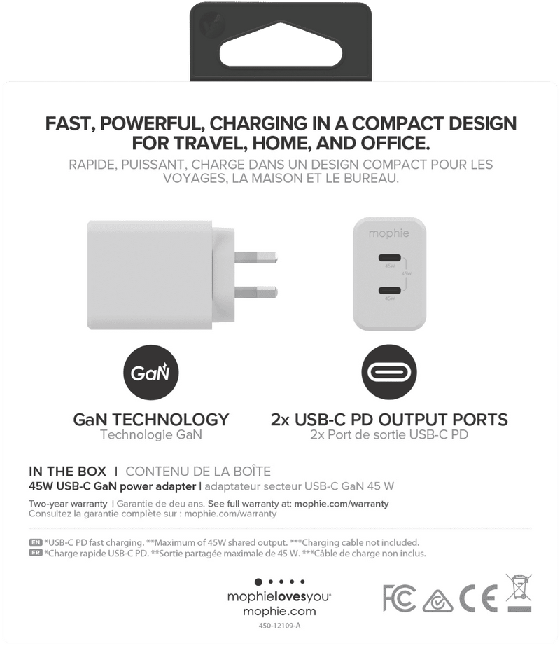 Mophie 45W Dual USB-C GaN Wall Charger PD 2C White