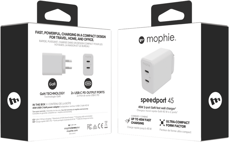Mophie 45W Dual USB-C GaN Wall Charger PD 2C White