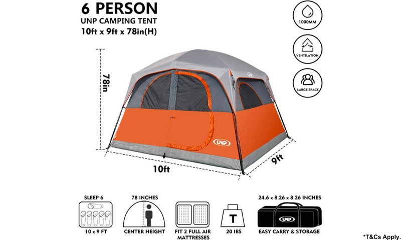 UNP Tents 6 Person Waterproof & Windproof ,Double Layer Family Camping Tent