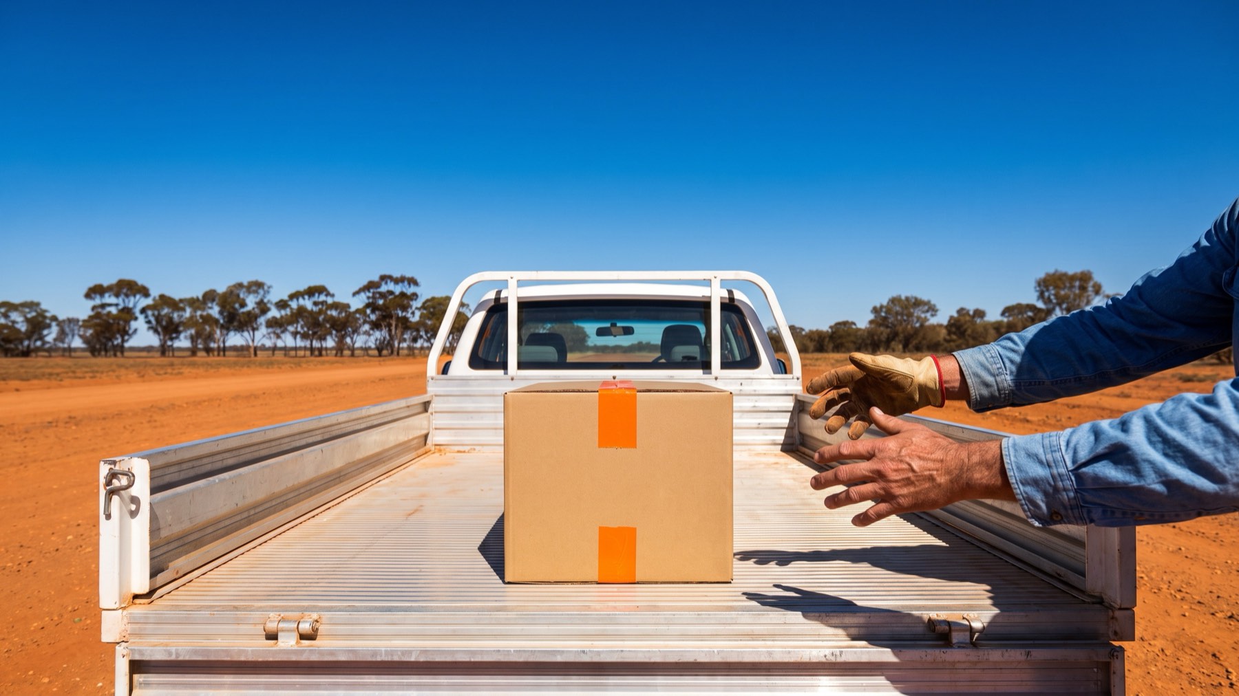 A delivery box with orange tape on the tray of a ute on a red dirt road under a deep blue sky