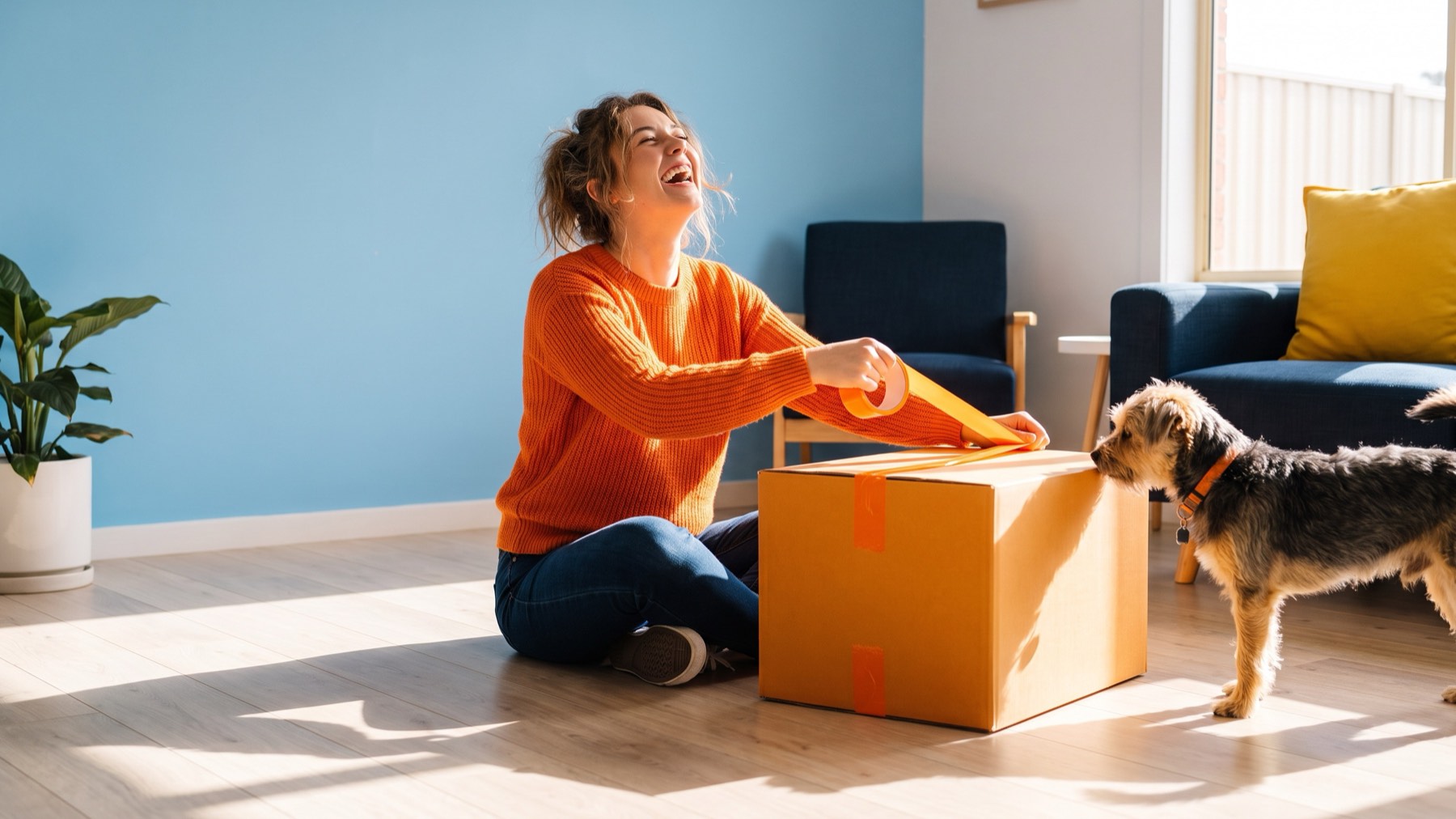 A laughing woman in an orange jumper pulls the tape off a big delivery box in a sunny living room while her dog looks on