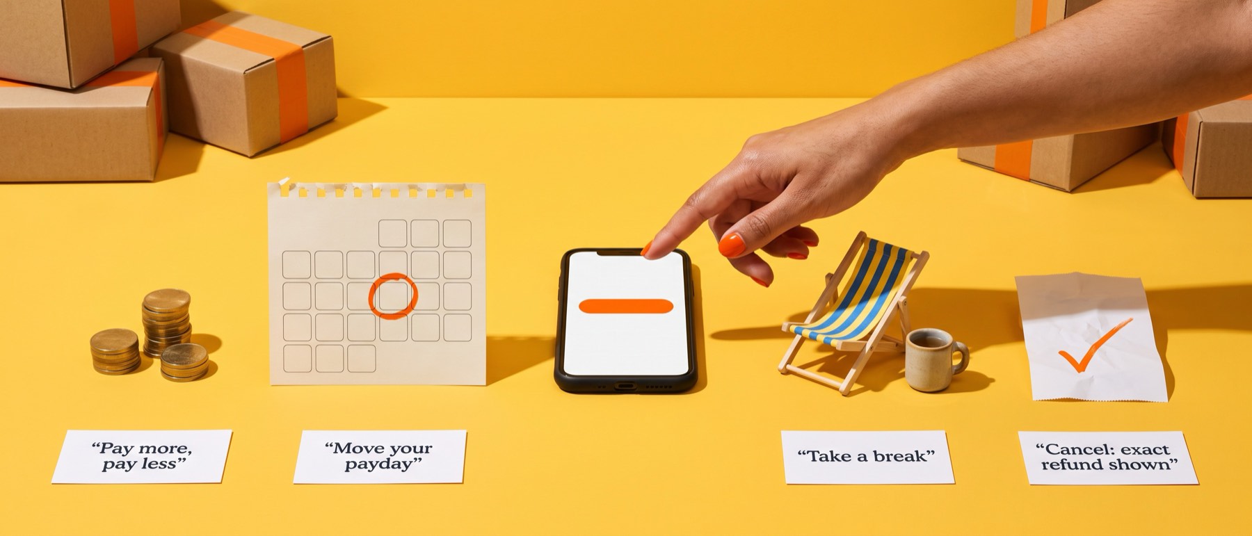 Your layby, your pace: in your account you can pay more or pay less, move your payday, take a break, or cancel with your exact refund shown before you confirm.
